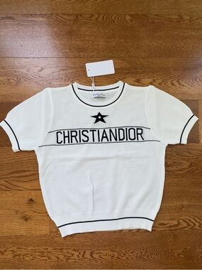 Dior White Short-Sleeve Knit Top with Black Trim